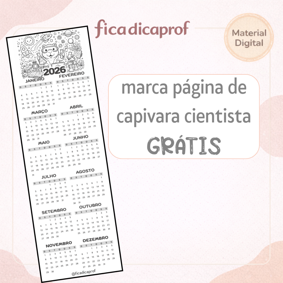 📅 Marca-Página Calendário 2026: capivara cientista
