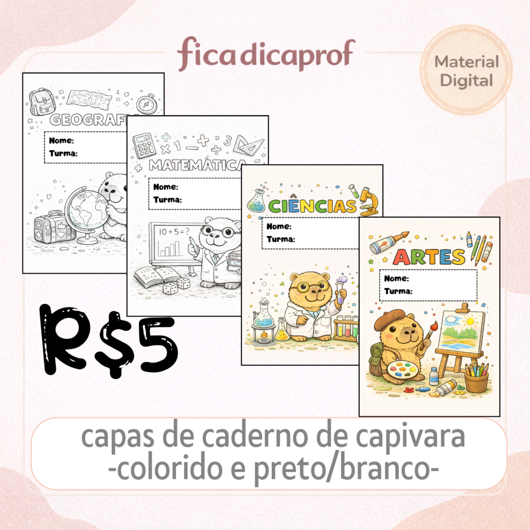📚✨ CAPAS DE CADERNO DE CAPIVARA – TODAS AS MATÉRIAS!